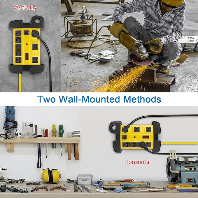 Heavy Duty Power Strip with USB, Workshop 8 Outlet Surge Protector 2700 Joules, Industrial Metal 15Amp Power Strip, 25 FT Extension Cord and Wide Spaced. Yellow