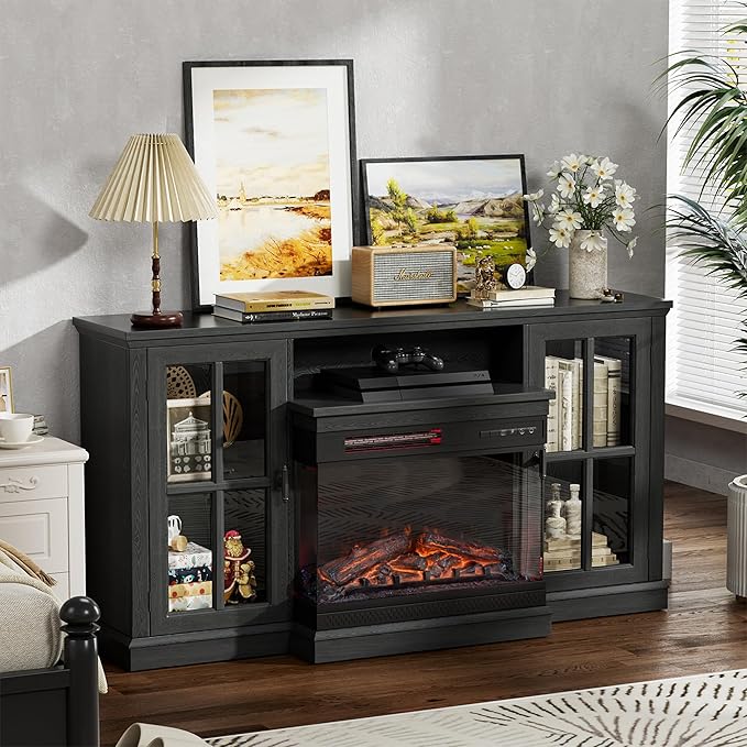 JUMMICO Fireplace TV Stand for TVs up to 65'', 3-Sided Glass Media Entertainment Center Console Table with Cabniet Storage Adjustable Flame LED Color for Living Room (Black)
