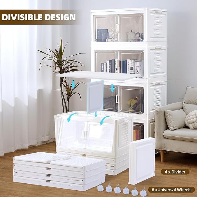 752QT/188Gal 4 Stackable Storage Bins with Lid and 8 doors, Motion Sensor Lights in Cabinets, Large Collapsible Container Box with 6 Wheels, Plastic Foldable Organizer for Home - Pure White