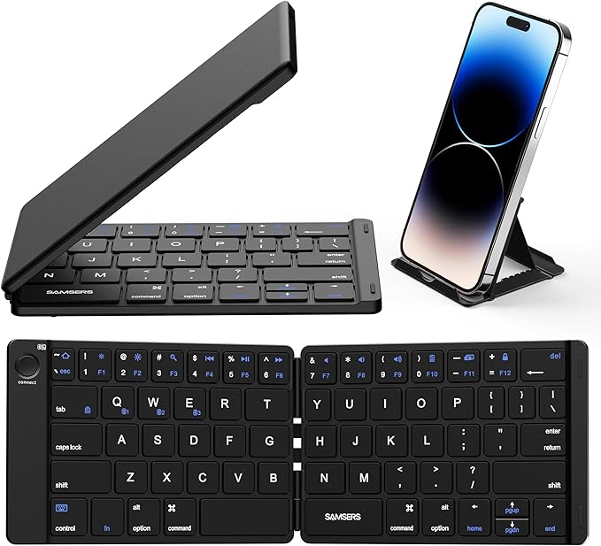 Samsers Bluetooth Foldable Keyboard, Wireless Portable Folding Keyboards, Full-Size Ultra-Slim Rechargeable Connect Up to 3 Devices for iOS Android Windows Phone Tablet and Laptop, Black