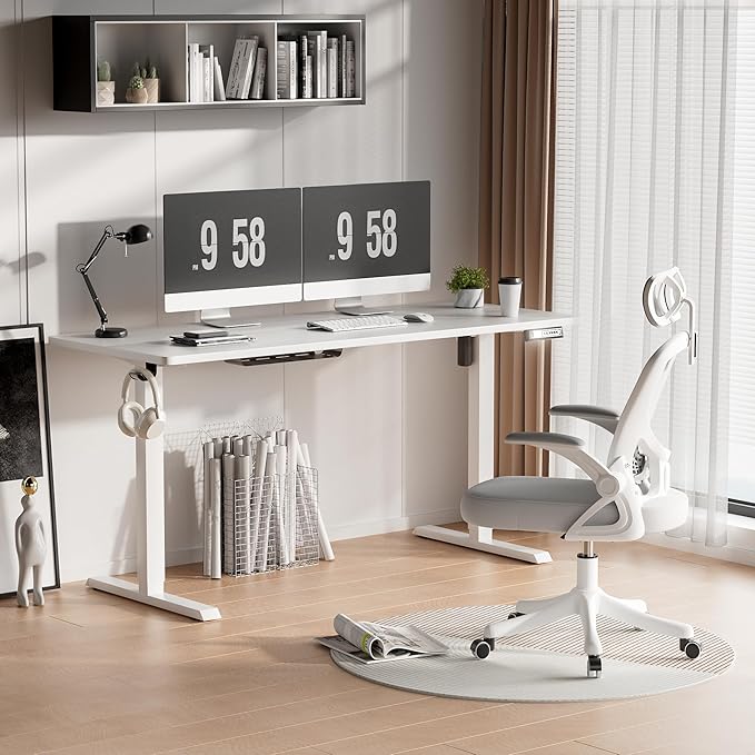 Furmax Electric Standing Desk, 59 x 24 Inches Height Adjustable Desk with Wheels, Home Office Computer Desk with Management Box (White)