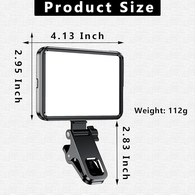 Rechargeable Soft Selfie Light for Phone, Camera, Laptop, 4-14H Battery Portable LED Light for Pictures, Phone Light Clip for Selfie, Vlog, TikTok, Makeup, Video Conference Black