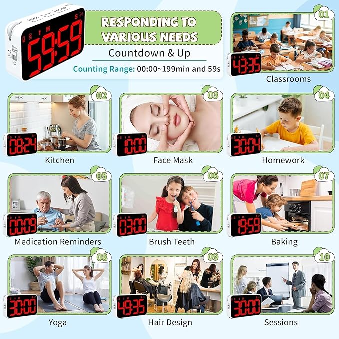 Digital Timer for Kids, 199min 59s Countdown/Up, Rechargeable, Magnetic, 3 Brightness Display, 3 Volume Levels and Vibration, with Sound Alert Function, for Kitchen, Classroom, Study, Fitness