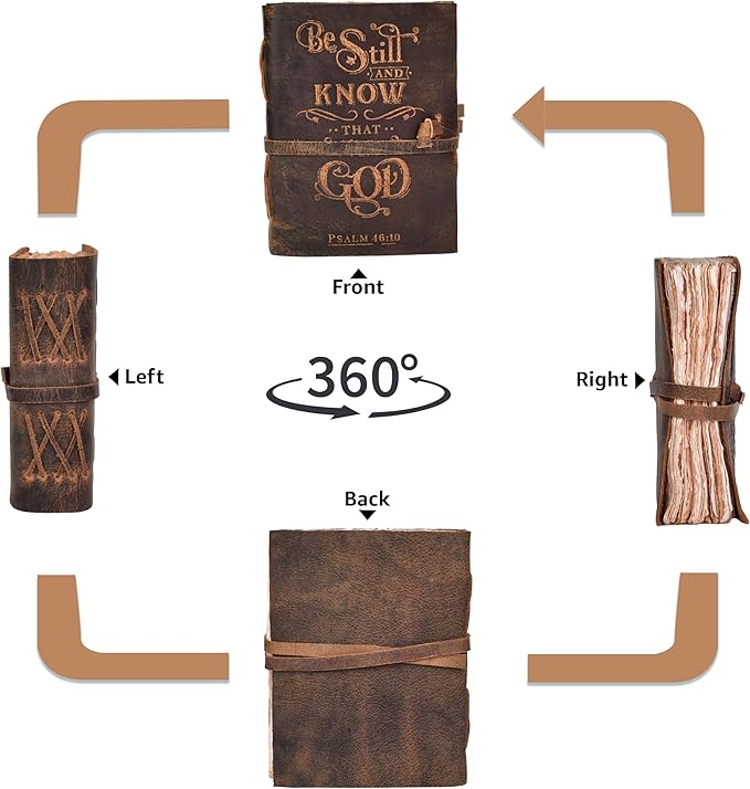 LEATHER VILLAGE Vintage Leather Journal with Psalm 46:10 Bible Verse–13''x8'' Embossed Prayer Study Journal for Women & Men – 200 Pages Handmade Cotton Deckle Edge Watercolor Paper - Brown