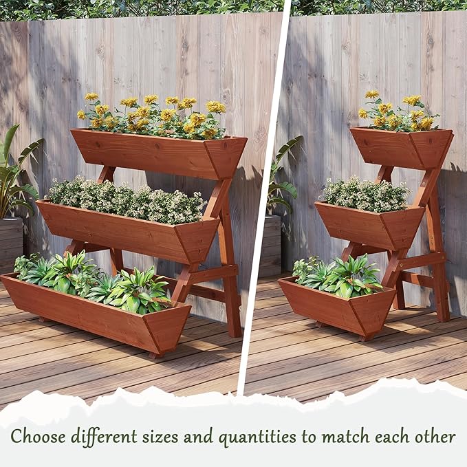 3-Tier Wooden Vertical Raised Garden Bed with Legs, Tiered Planter Box, Vertical Garden Planter,Wood Plant Stand Wood Flower Rack for Patio, Balcony, Freestanding. (Brick Red-Small)