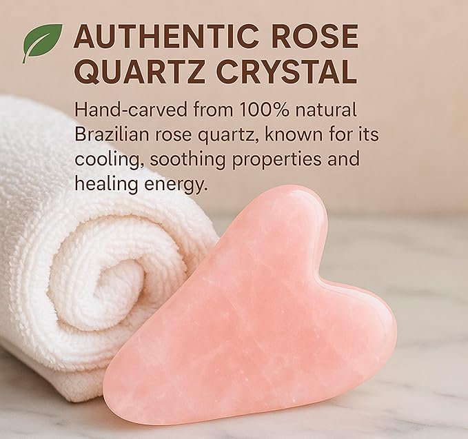 Rose Quartz Gua Sha Facial Tool - Heart-Shaped Crystal for Puffiness, Lymphatic Drainage, Facial Sculpting & Relaxation - Hand-Carved Stone from Brazil, Used in Traditional Beauty Rituals
