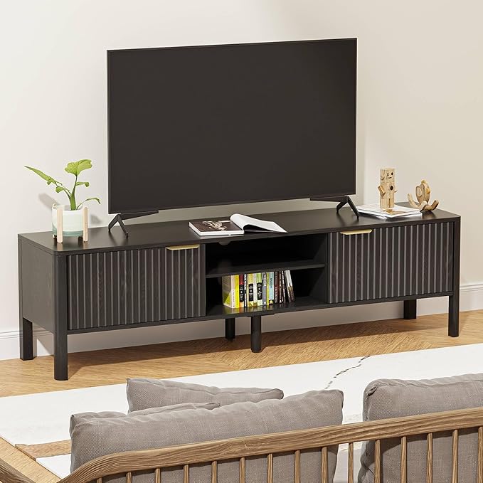 Black TV Stand, Mid Century Modern Entertainment Center with Storage, TV Table with Fluted Door Cabinets and Open Adjustable Shelves for Livingroom, Bedroom