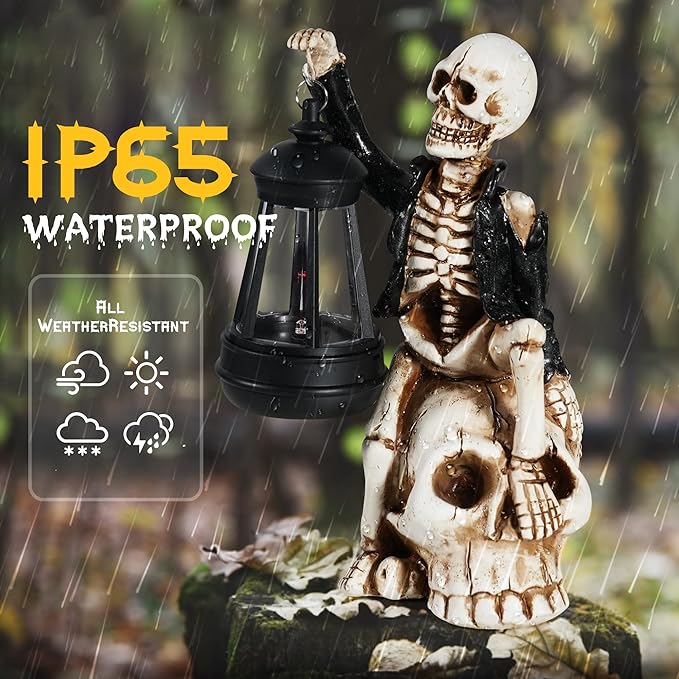 2025 Solar Halloween Decorations Outdoor,Skeleton Figurine Halloween Table Decoration for Outdoor,Skull Statue with Red LED Lantern,Skull Decor for Patio Lawn Yard Balcony Garden Home