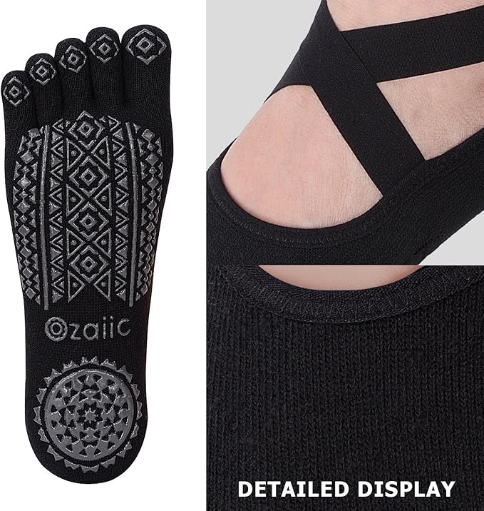 Ozaiic Yoga Socks for Women with Grips, Non-Slip Five Toe Socks for Pilates, Barre, Ballet, Fitness