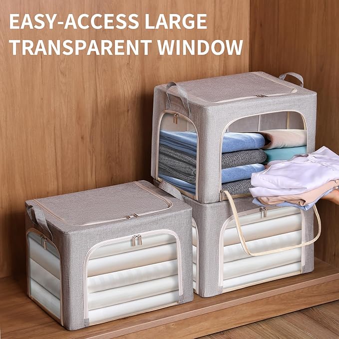 combocube 3-Side Zippered Openings Clothes Storage Bins with Thick Metal Frame, Stackable & Foldable Clothing Storage Bins with Lid, Linen Fabric Closet Storage Box with Large Clear Window, 3 Pack