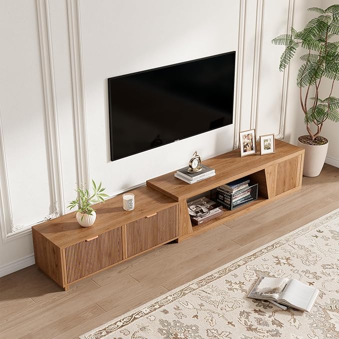 Extendable TV Stand with Storage Cabinet Extra Long, Large Wood TV Media Console Fluted Television Stands with Adjustable Shelf and Drawers for Living Room, Rustic Brown (64.57" W-98.43" W)