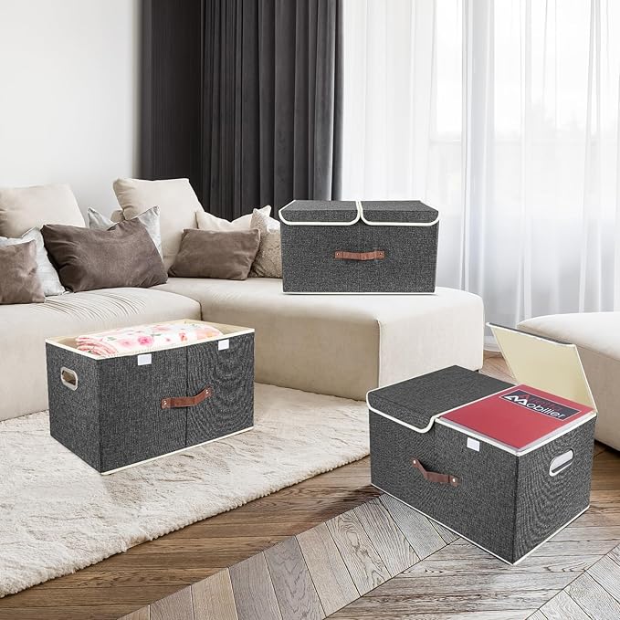 TYEERS Extra Large Collapsible Storage Bins with Lids and Compartments, Washable, Fabric Storage Boxes, 21.7x13x11.8 inches, 1 Pack, Black