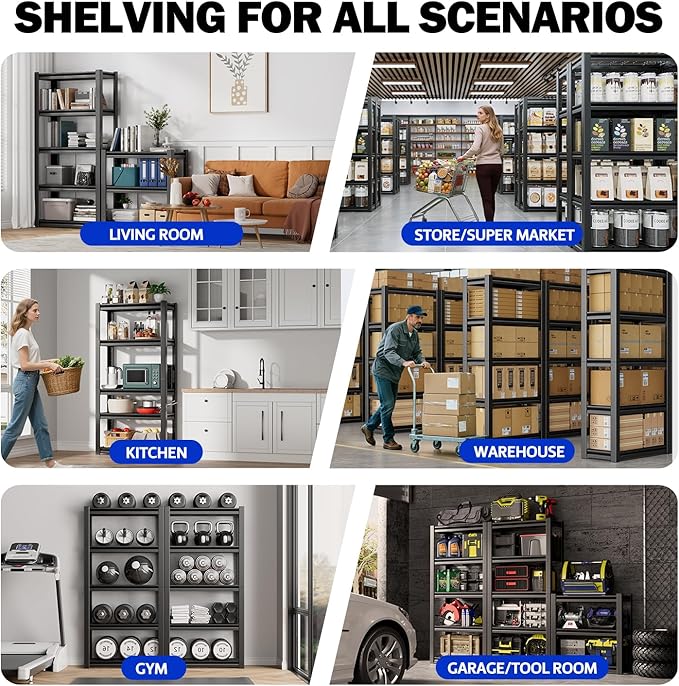 PM PERFORMOTOR 5-Tier Heavy Duty Storage Shelves, 3010LBS Capacity, 72" H Garage Shelving Unit, Adjustable & Detachable Metal Utility Rack for Kitchen Pantry Warehouse, 72" H x 35" W x 16" D, Black