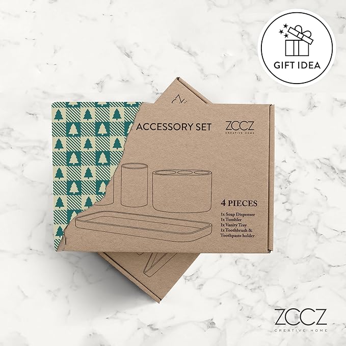 ZCCZ - Black Bathroom Accessories Set 4 Pcs - Toothbrush Holder, Soap Dispenser, Vanity Tray, Bathroom Tumbler - Countertop Vanity Organizer - Bathroom Accessory Set- Toothbrush Holder Set, Stone Sets