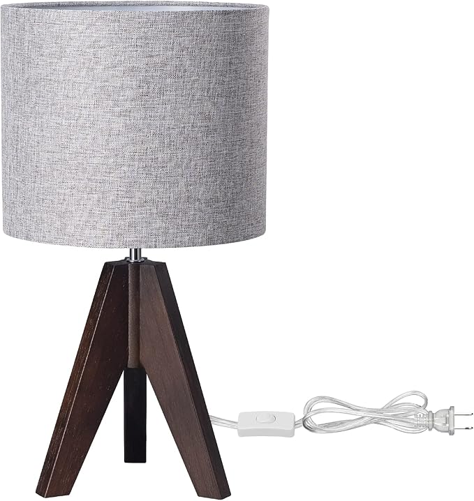 EDISHINE Boho Small Table Lamp, Walnut Color Wooden Tripod Bedside Lamp, Farmhouse Nightstand Lamp for Nursery, Bedroom, Office, Kid Room, Living Room, Grey Linen Lampshade, E26 Socket, 14.2 Inch