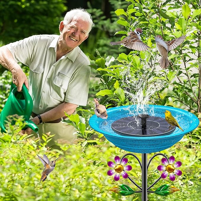 Metal Bird Bath for Outside Garden Birdbath Bowl, Freestanding Bird Feeders for Outdoors with 5 Prongs Base Stake, Standing Birdfeeders Bath Bowl for Yard Decor (Retro Blue)