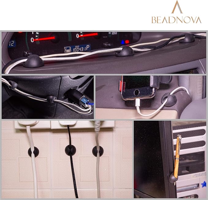 BEADNOVA Cable Clips Cord Organizer Cable Management Wire Cord Holder 2 Slots Adhesive Wire Holder for Car Charging Accessory PC Office Home (Black, 8 pcs)