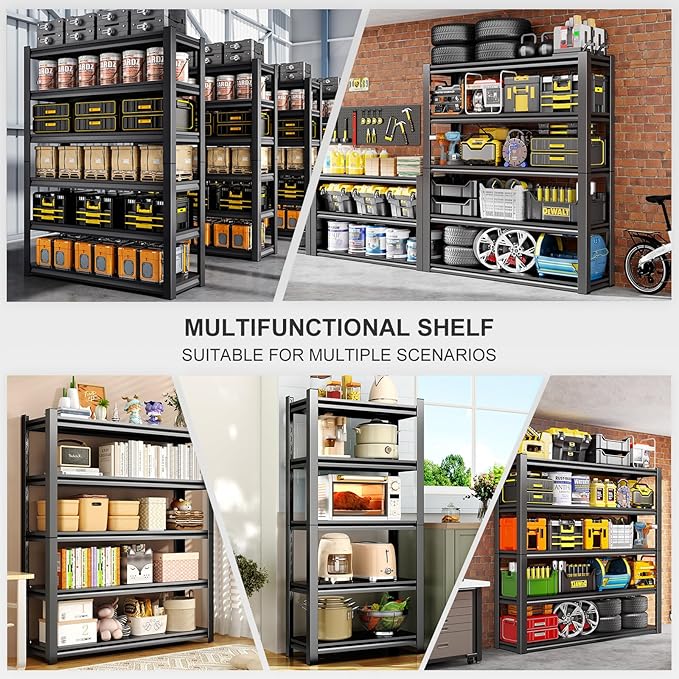 72" H Garage Shelving, 5 Tier Heavy Duty Metal Shelving with Adjustable Shelves, 3000LBS Storage Racks, Shelf Storage Units, Utility Shelves for Garages, Basements, Warehouses, Supermarkets