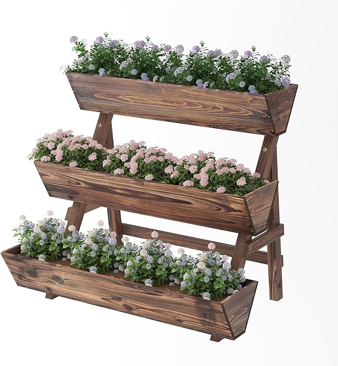 3-Tier Wooden Vertical Raised Garden Bed with Legs, Tiered Planter Box, Vertical Garden Planter,Wood Plant Stand Wood Flower Rack for Patio, Balcony, Freestanding. (Carbonized-Large)