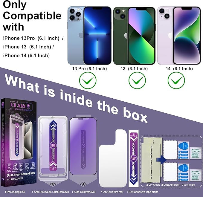 2 Pack Anti Blue Light Matte Screen Protector for iPhone 16e/iPhone 14/iPhone 13 Pro/iPhone 13, 9H Tempered Glass, Full Cover, Anti-Fingerprint, Auto Dust-Elimination, No Bubble, Easy Installation