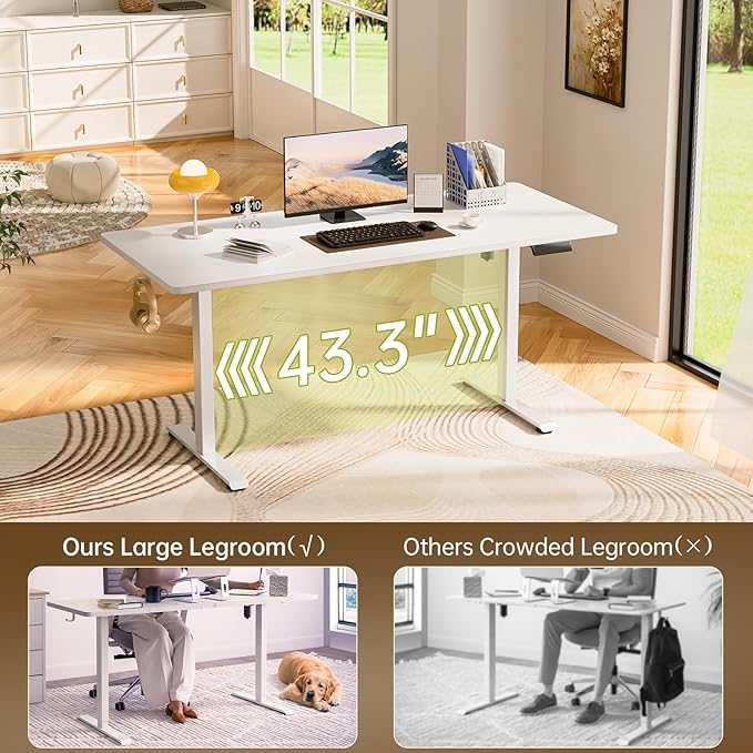 Veken 63x27.6 Inch Large Electric Standing Desk, Heights Adjustable,Sit to Stand Up, Work Home Office Computer Table for Walking Pad, Gifts for Dad, Wooden Desktop Desks, White