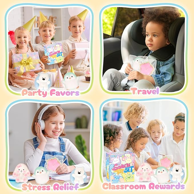 Squishy Fidget Toys 4Pcs, Cute Penguin Bunny Pool Dog Squeeze Sensory Toys for Kids Stress Relief Gifts Treasure Box Toys for Classroom Birthday Party Favors Easter Stocking Stuffers for Teens