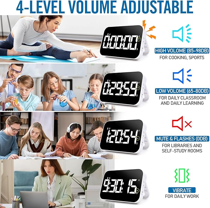 LED Timer(1.5" Number) with Voice Reminder, Digital Magnetic Timer, Countdown/Up, Rechargeabilit, Brightness Display, 3 Volume Levels and Vibration Mode, for Classroom, Study (White)