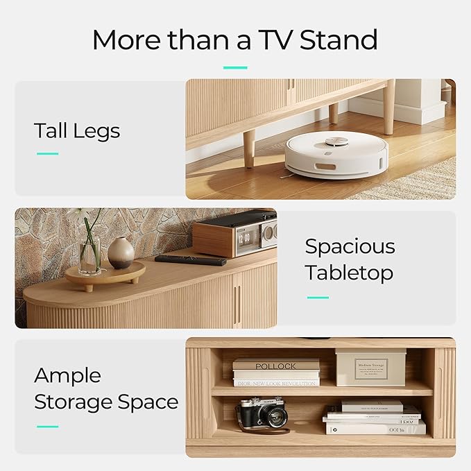 LINSY HOME 58" Fluted TV Stand for TVs up to 65 Inch, Mid Century Modern Entertainment Center with Storage Cabinet and Sliding Doors, Farmhouse Wood Media TV Console for Living Room, Bedroom, Oak