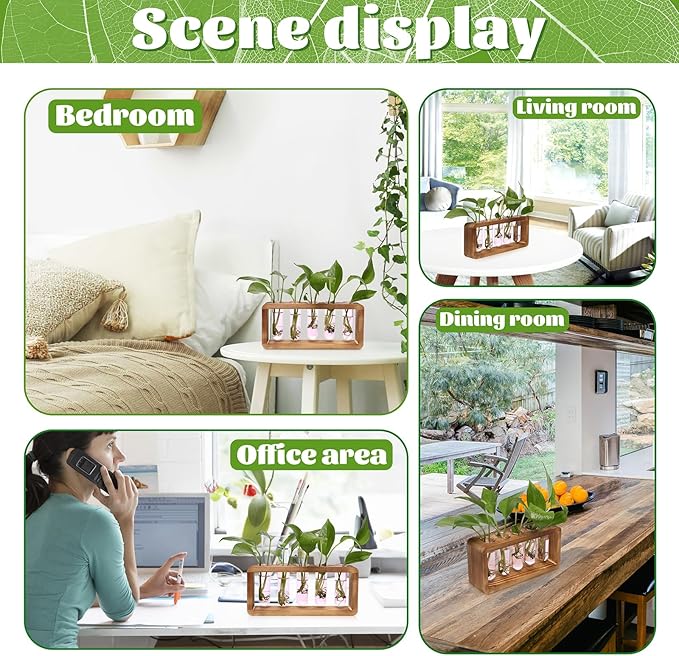 Glass Plant Propagation Station with 5 Test Tubes Colorful Planter Vase Birthday Gifts for Women in Wooden Stand