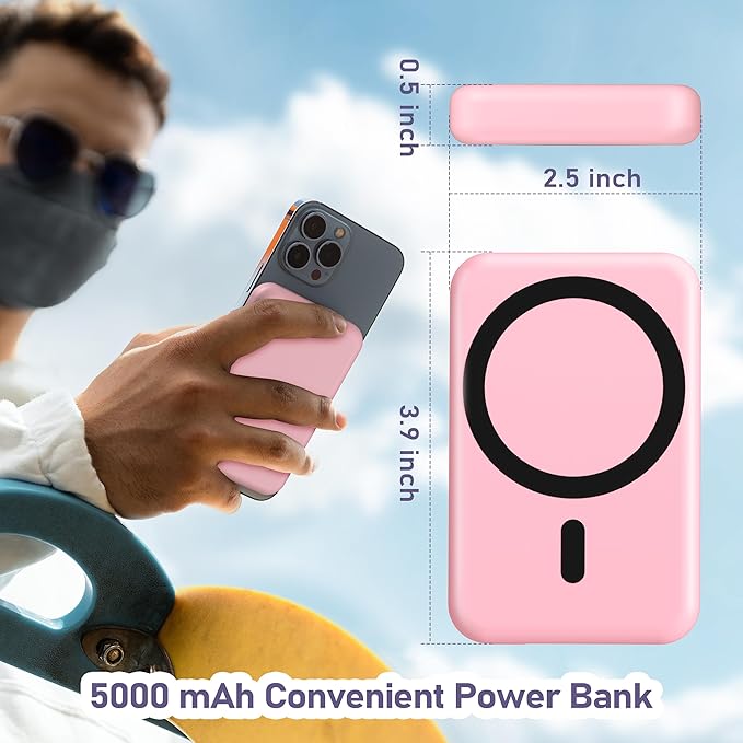 3 in 1 Wireless Charging Station: 5000mAh Removable Power Bank Charger Stand for iPhone/Apple Watch/Airpods - Portable Magnetic Battery Pack for Air 17 16 15 14 13 12 Series Pink