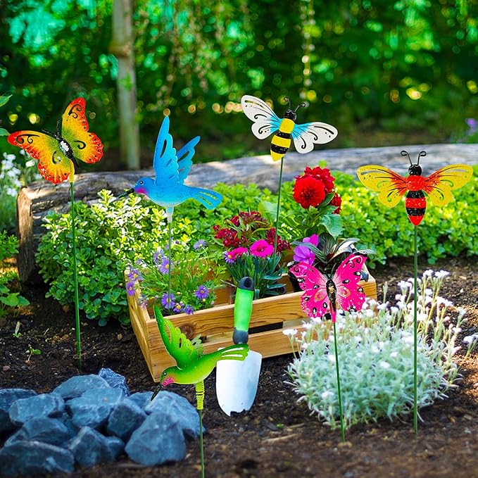 Juegoal 6 Pack Metal Yard Stakes Spring Decor, Outdoor Metal Colorful Butterfly Hummingbird & Bee Shaking Head Yard Art, Rust Proof Metal Plant Sticks for Yard Lawn Pathway Patio Ornaments