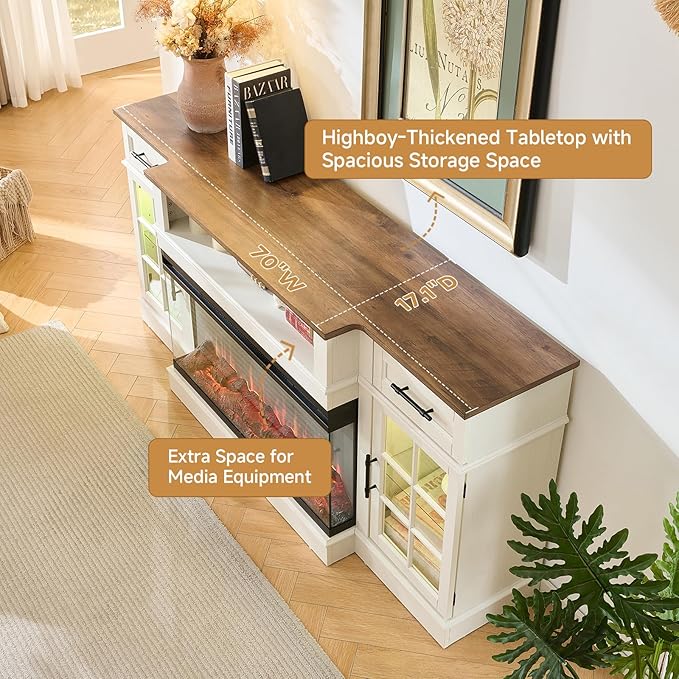 ROCKPOINT 3 Sided Glass 70" Fireplace TV Stand for TVs up to 80inch, Entertainment Center with Drawers and Glass Door Storage Cabinet,36" Electric Fireplace with LED Light and Flame Colors, White