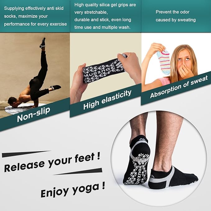 Muezna Men's Non-Slip Yoga Socks, Anti-Skid Pilates, Barre, Bikram Fitness Hospital Slipper Socks with Grips