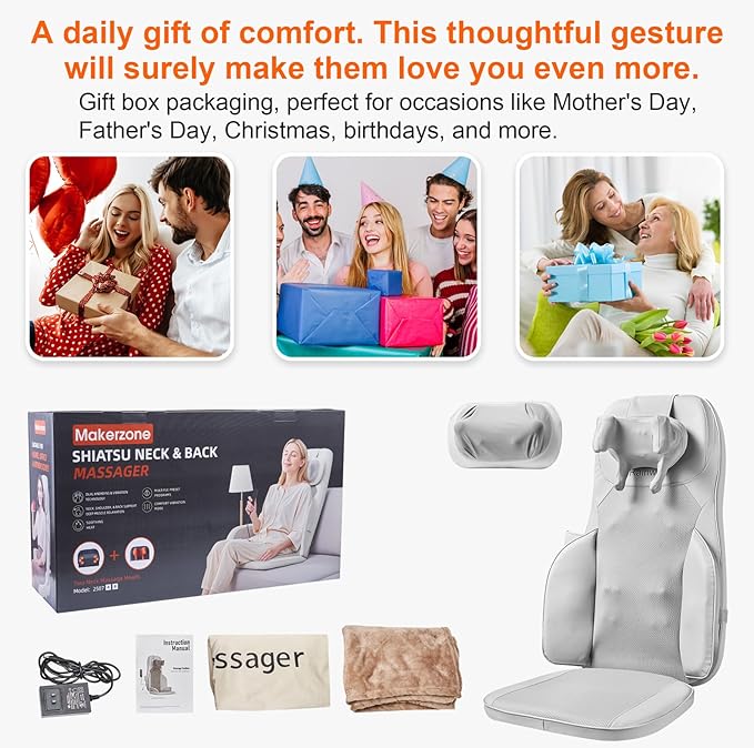 4D Shiatsu Massage Cushion w/Heat - Neck Back Pain Relief, Targets Muscle Stiffness from Long Sitting - Kneading, Vibration Technology & Dual Necks Heads Design for Office Chair, Home, Grey