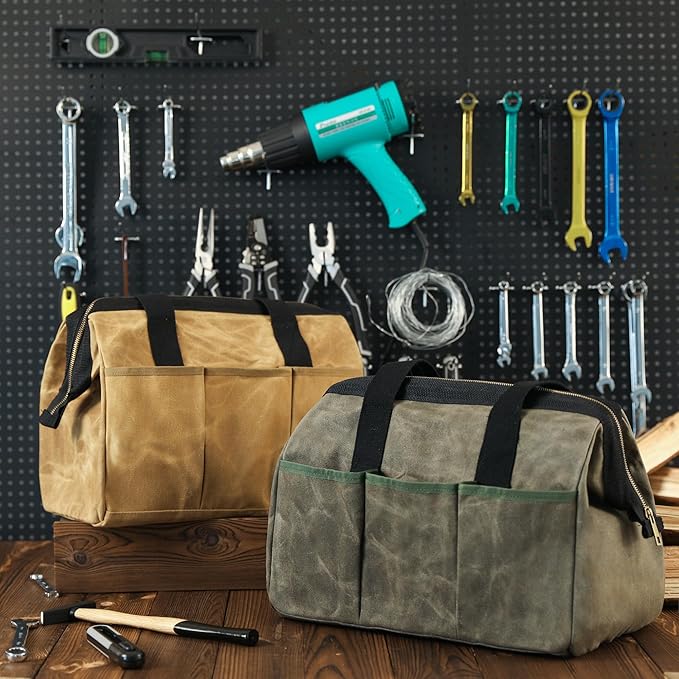 Heavy-Duty Waxed Canvas Tool Tote Bag - Wide Mouth Open Top Organizer with Reinforced Handle | Large Capacity Tool Pouch for Wrenches, Screwdrivers & DIY Supplies (15 x 11.5 x 7.8 inch, Khaki)