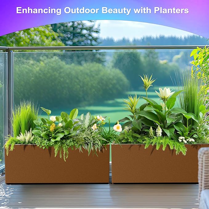 Tall Metal Planter, 15" W×16.3" H Large Rectangular Planter Box for Outdoor or Indoor, All-Weather Durable Plant Box with Drainage Holes & Removable Shelf for Patio, Porch, Garden, Trees, Flowers