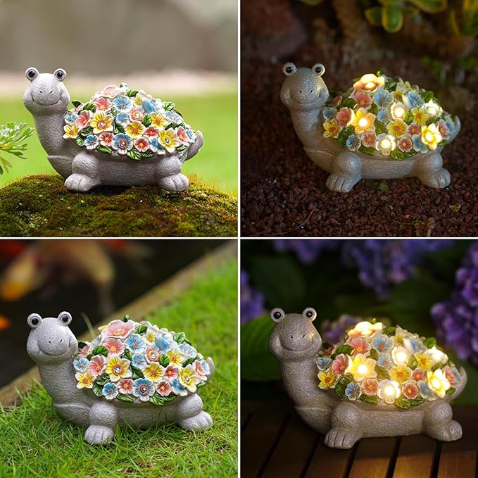 Nacome Solar Turtle Garden Decor with Flowers: Outdoor Clearance Statues Lights for Outside Lawn Ornaments Porch Patio Balcony Yard – Birthday Gifts for Mom Grandma Women