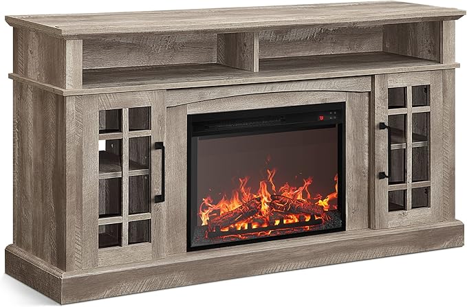 BELLEZE Traditional 58" Rustic TV Stand with 23" Electric Fireplace Heater with Sound, Media Entertainment Center Console Table for TV up to 65" with Open Storage Shelves and Cabinets - Ashland Pine