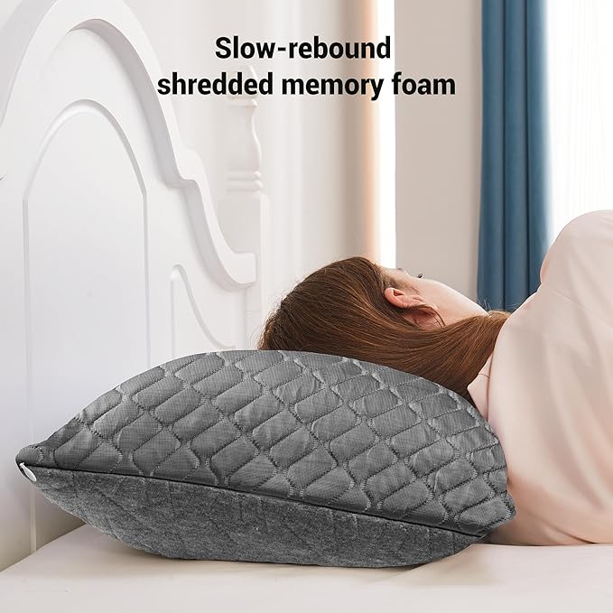 puredown Pillows Queen Size Set of 2, Shredded Memory Foam Pillows, Cooling Foam Pillow for Sleeping, Soft Bed Pillow Queen Size with Adjustable Foam for Side, Back and Stomach Sleepers, Grey