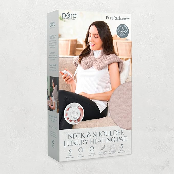 Pure Enrichment PureRadiance Neck & Shoulder Luxury Heating Pad for Pain Relief, Patented Design, Soft Faux Fur & Micromink, 6 Heat Settings, Machine Washable, Universal Fit, 16” x 22” (Rose Quartz)