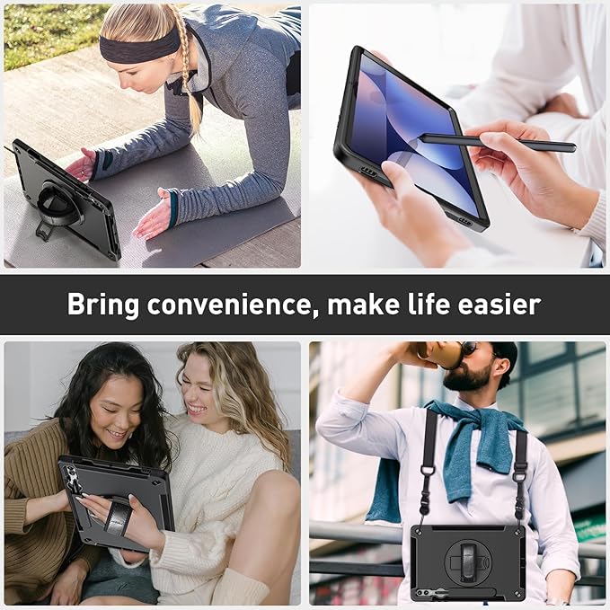 Case for Galaxy Tab S10 Plus/S9 FE Plus/S9 Plus 12.4 INCH: TPU Cover for Samsung Tablet Tab S10+/S9 FE+/S9 + 12.4" 5G W/Screen Protector - Stand- Handle- Shoulder Strap- S-Pen Holder- Black