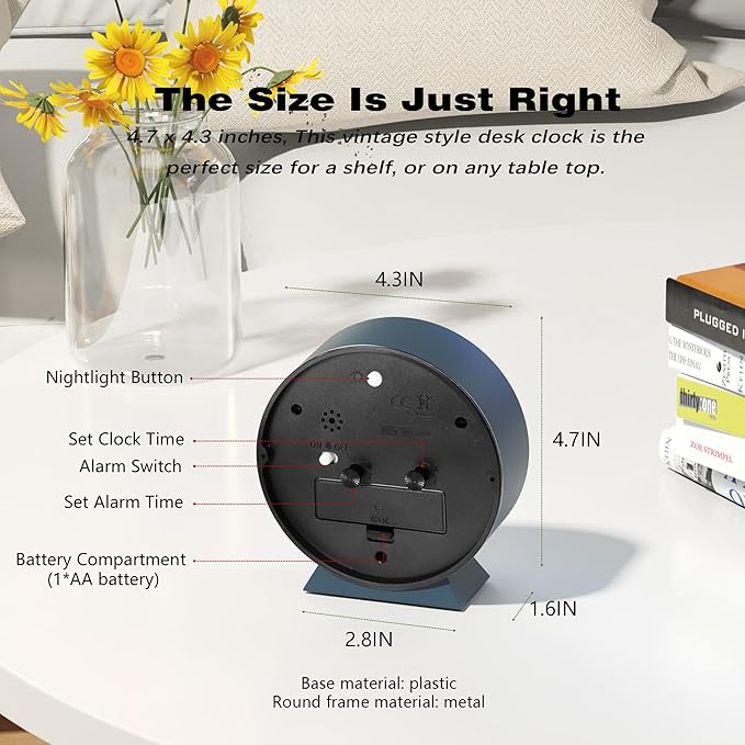 AYRELY® 4.5" Analog Alarm Clock,Small Retro Desk Clock Battery Operated,Slient Metal Table Clock with Light for Living Room Decor,Bedroom,Bedside (Blue)