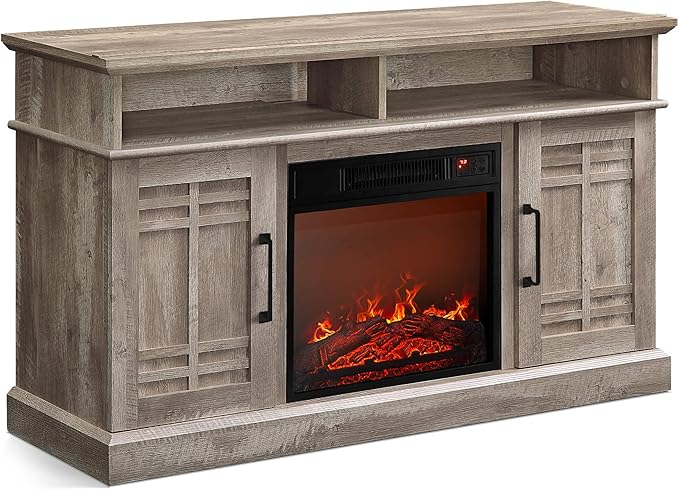 BELLEZE 48" TV Stand with 18" Electric Fireplace Heater, Modern TV Stand for TVs up to 50", Entertainment Media Stand with Open Shelves and Storage Cabinets for Living Room, Bedroom (Ashland Pine)