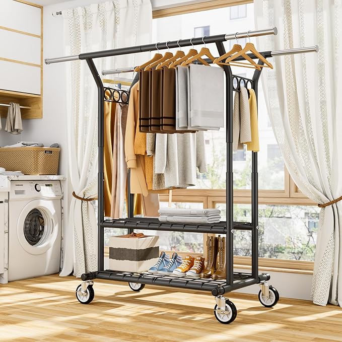 Heavy Duty Clothes Rack, Rolling Clothing Rack With Shelves Load 620 LBS, Double Rod Clothing Racks for Hanging Clothes, Portable& Adjustable Clothes Rack with Wheels,Black