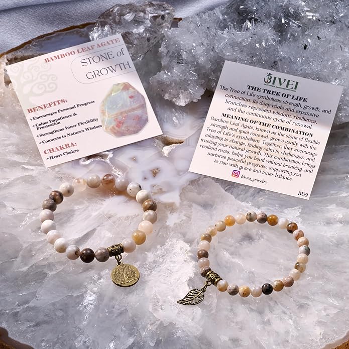 Bivei Natural Semi Precious Gemstone beads bracelet for women - Life Tree and Leaf Charm Energy Reiki Crystal Stretch Bracelets