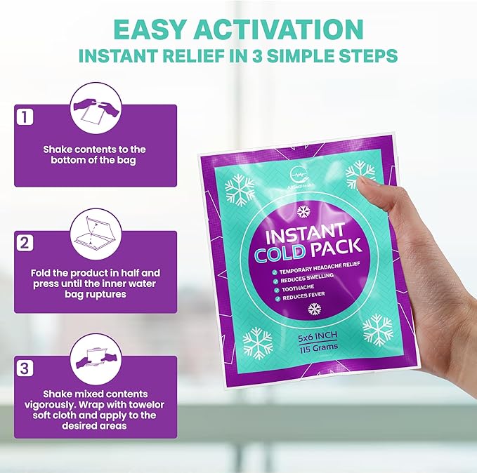 Bulk Instant Ice Cold Packs (6” x 5”) - 100 Packs Disposable Instant Ice Packs for Injuries | Cold Compress Ice Pack for Pain Relief, Swelling, First Aid, & Outdoor Activities
