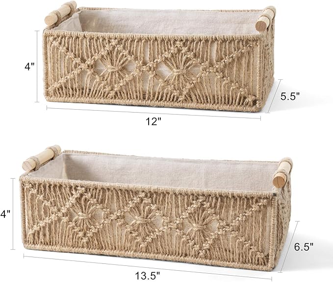 Mkono Macrame Storage Baskets Boho Decor Box Handmade Woven Decorative Countertop Toilet Tank Shelf Cabinet Organizer for Bedroom Livingroom Home, Set of 2, Brown