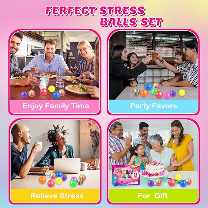 18 Pack Squishy Ball, Stress Balls Bulk for Adults, Mini Stress Balls, Anti-Anxiety and Fidget Balls to Relax, Birthday Gifts, Goodie