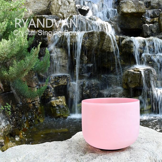 RYAN DVAN 8” F Note Pink Frosted Heart Chakra Crystal Singing Bowl with Free Heavy-Duty Carrying Case and Suede Striker O-Ring
