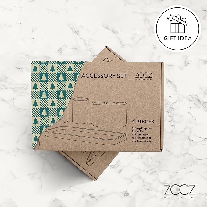 ZCCZ -Beige Bathroom Accessories Set 4 Pcs - Toothbrush Holder, Soap Dispenser, Vanity Tray, Bathroom Tumbler - Countertop Vanity Organizer - Bathroom Accessory Set- Toothbrush Holder Set, Stone Sets